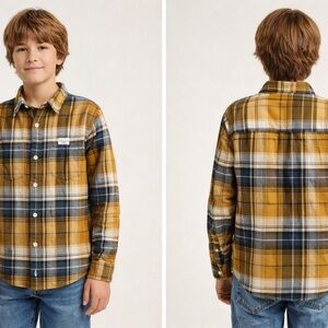 Abercrombie Kids Plaid Flannel Button Down Shirt Youth 15/16 Yellow Navy